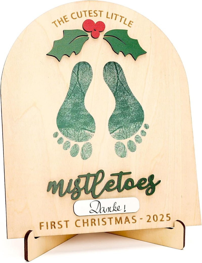 NELXI Personalized Baby’s First Christmas 2025 Wooden Mistletoes Footprint Art, DIY Baby Craft Keepsake, Rustic Christmas Milestone Card, Grandparents Gifts, Baby Shower or Newborn Photoshoot Prop - Image 1